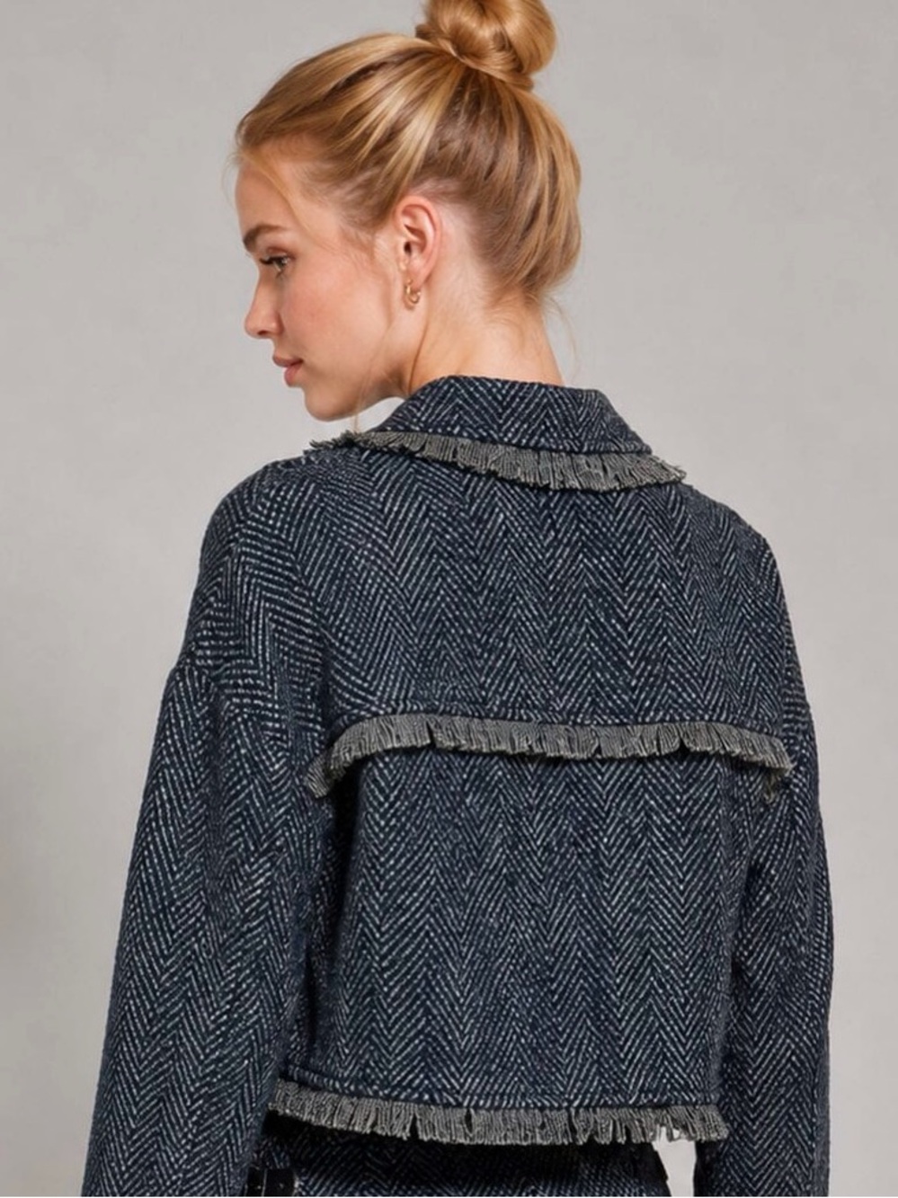 A555. Women’s Cropped Herringbone Jacket - Navy - Picture 4 of 4